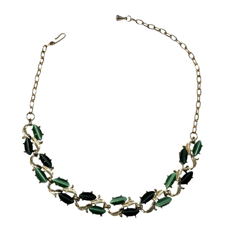 Vintage 60s green lucite thermoplastic and gold tone metal necklace